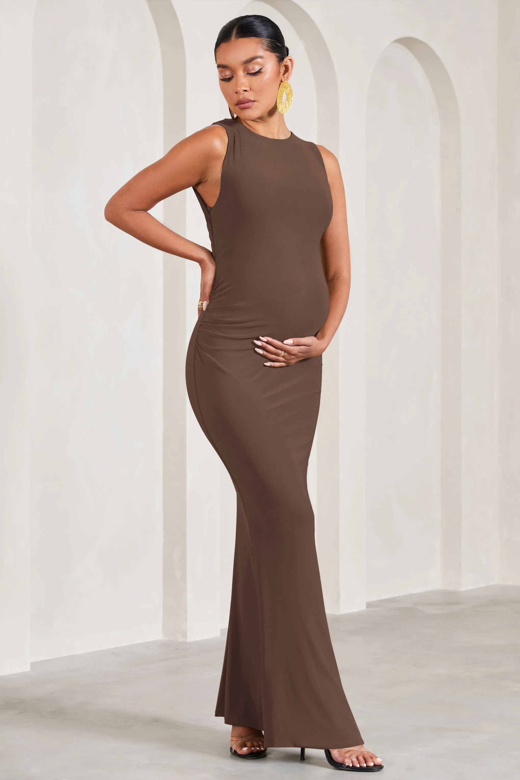 Riley | Chocolate Ruched Sleeveless Open-Back Maternity Maxi Dress sold by Club L London product image thumbnail 4