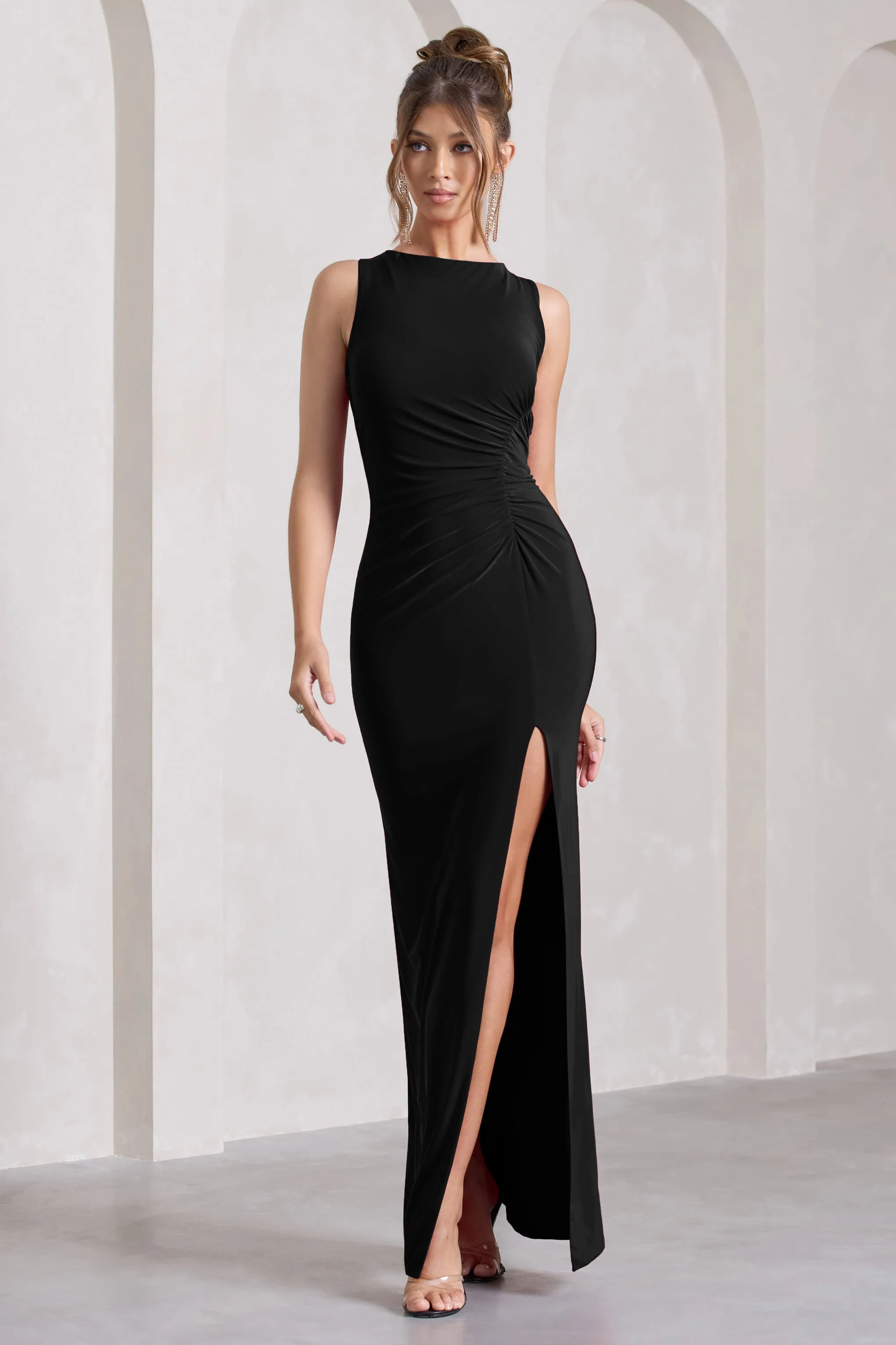Night To Remember | Black Open-Back Split Maxi Dress sold by Club L London product image thumbnail 5