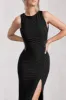 Night To Remember | Black Open-Back Split Maxi Dress sold by Club L London
