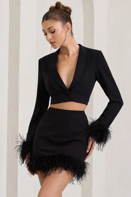 Tempting | Black Cropped Blazer With Feather Trim sold by Club L London
