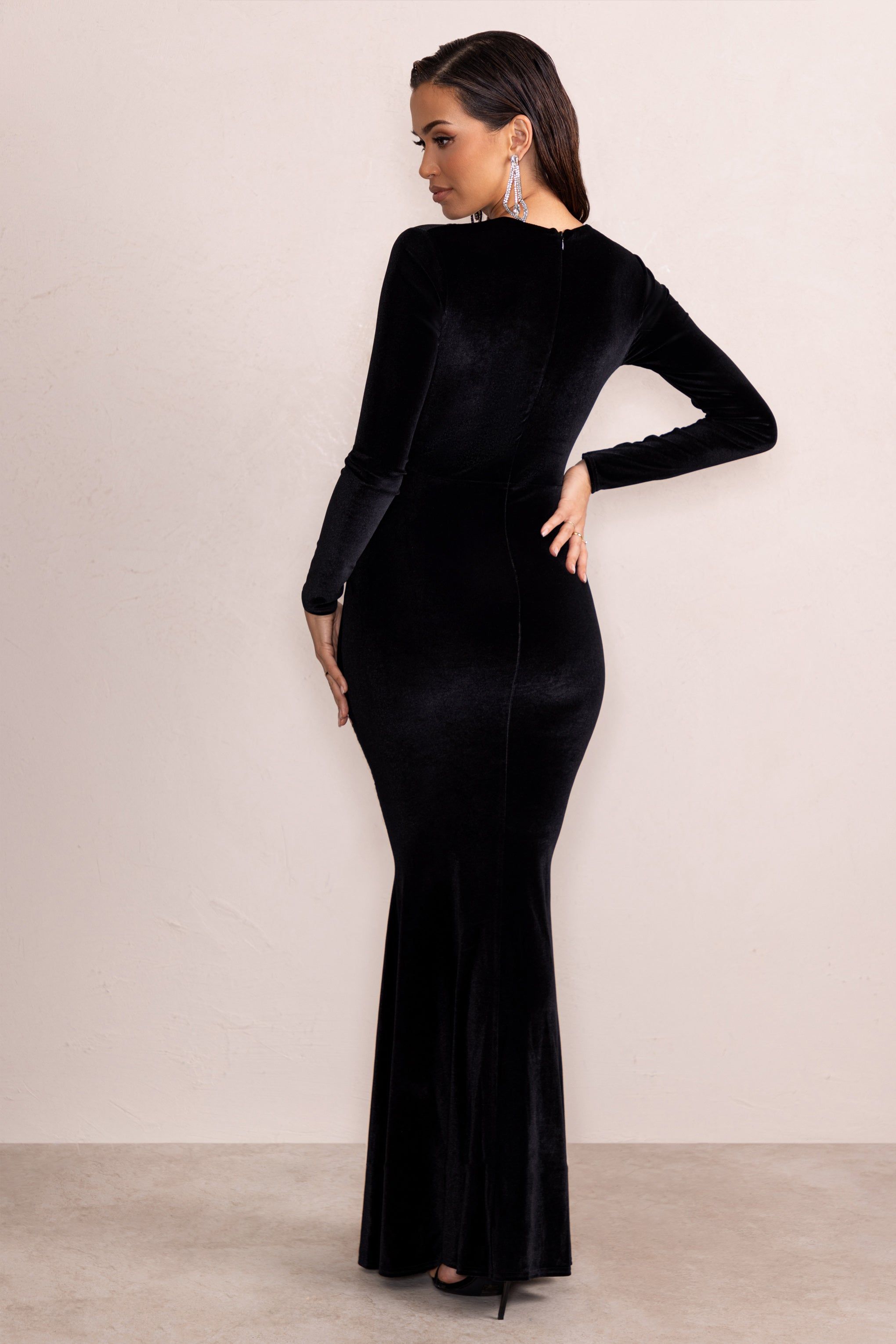 Elivia | Black Velvet Long Sleeve Plunge Neck Maxi Dress sold by Club L London product image thumbnail 2