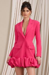 Cloud Catching | Hot Pink Tailored Blazer Mini Dress With Ruffled Hem sold by Club L London