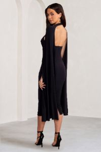 Myla | Black V-Neck Ruched Midi Dress with Cape Overlay sold by Club L London