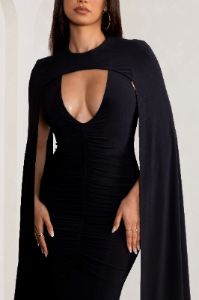 Myla | Black V-Neck Ruched Midi Dress with Cape Overlay sold by Club L London