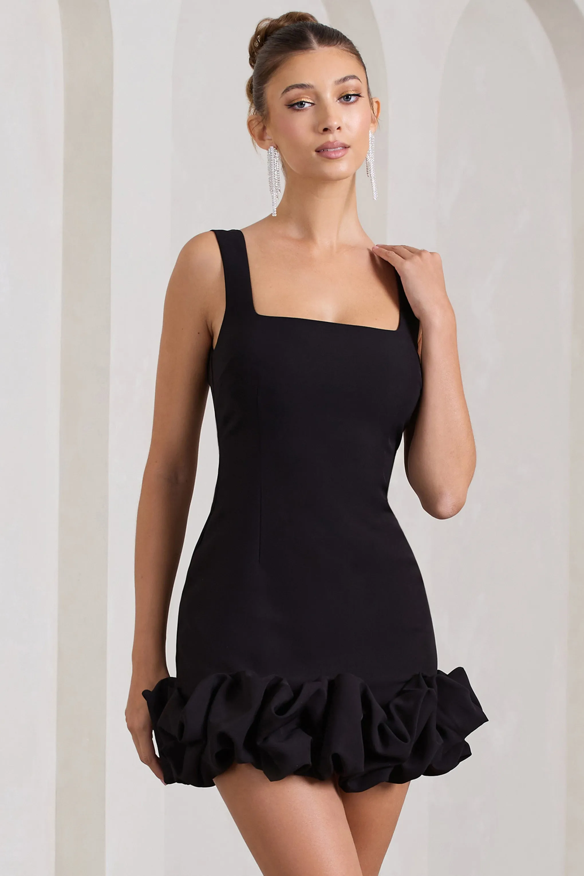 Lucy | Black Strappy Mini Dress With Ruffle Trim sold by Club L London