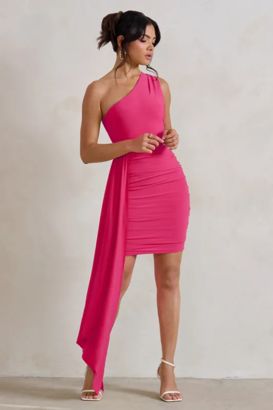 Charlie | Pink One Shoulder Ruched Mini Dress With Statement Drape made by Club L London