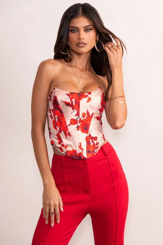 Valentina | Champagne Floral Print Satin Corset Top sold by Club L London