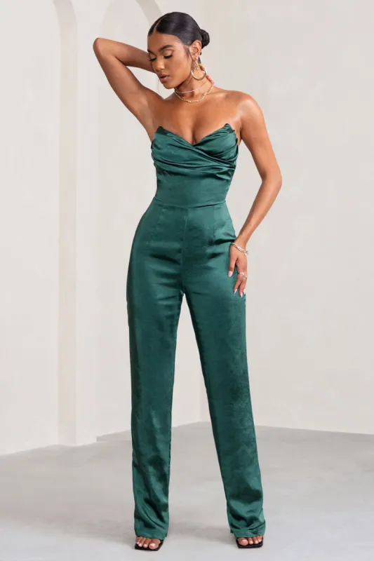 Amiah | Bottle Green Satin Strapless Straight Leg Jumpsuit sold by Club L London