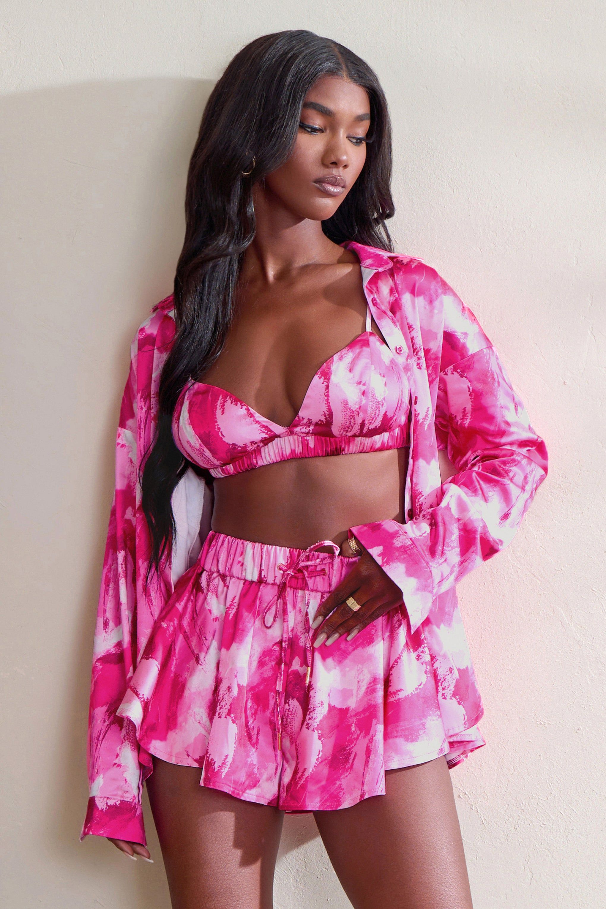 Limitless | Hot Pink Print Oversized Long Sleeve Satin Shirt sold by Club L London product image thumbnail 4