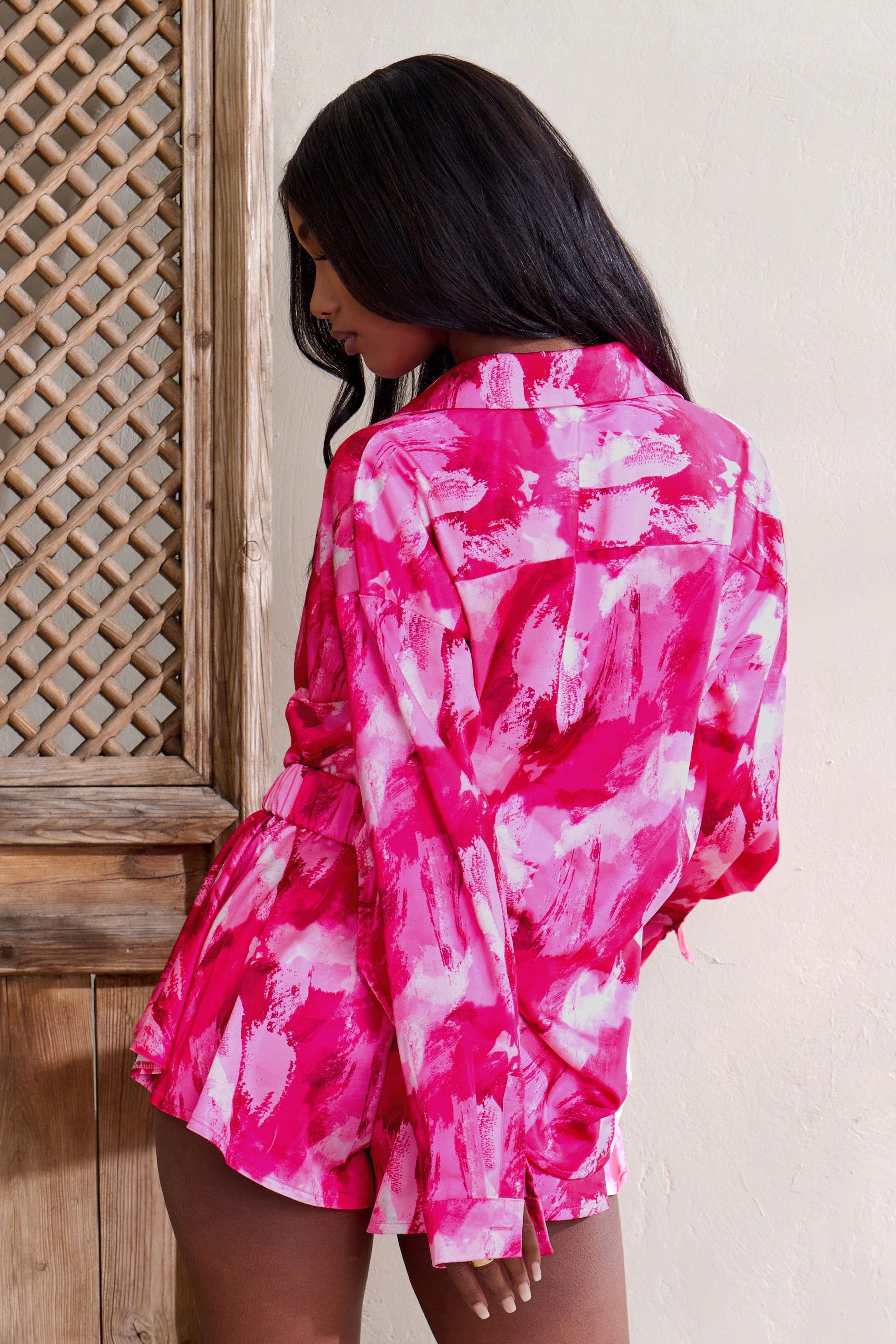 Limitless | Hot Pink Print Oversized Long Sleeve Satin Shirt sold by Club L London product image thumbnail 2