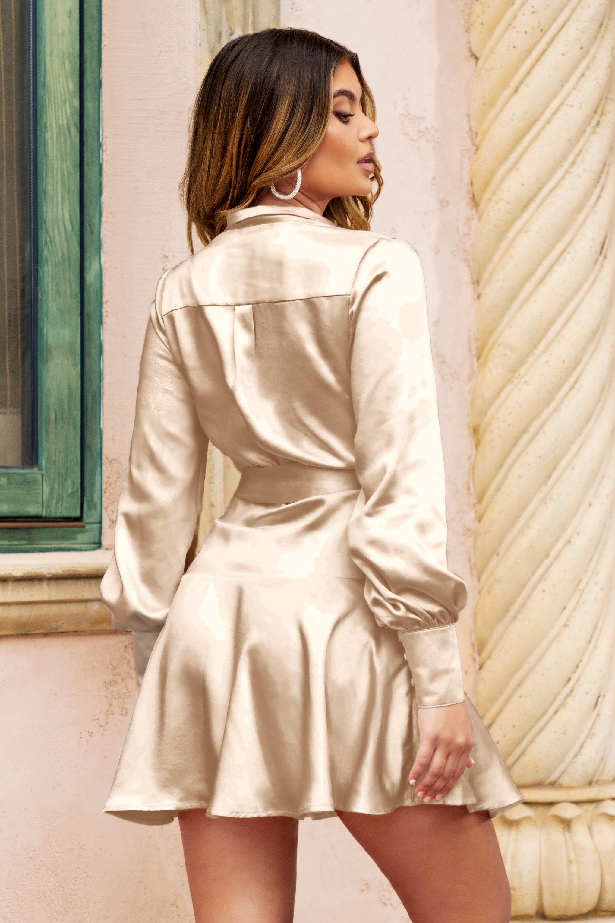 Gemstone | Champagne Satin Belted Wrap Mini Dress sold by Club L London product image thumbnail 2