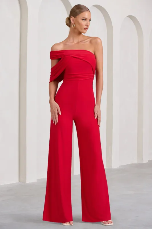 Candy | Red Asymmetric One Shoulder Ruched Jumpsuit sold by Club L London