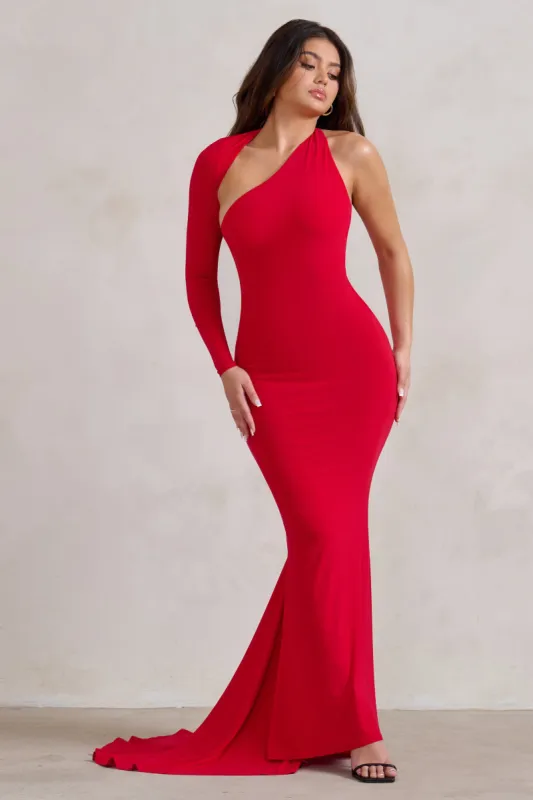 Katarina | Red One Shoulder Fishtail Maxi Dress sold by Club L London