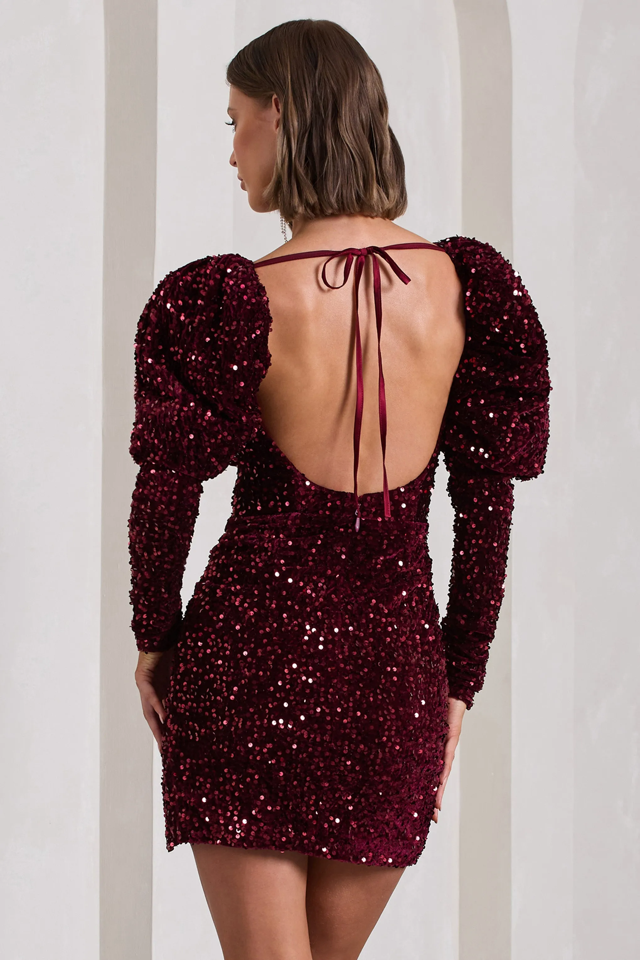 Shine Bright | Berry Sequin Mini Dress With Puff Sleeves sold by Club L London product image thumbnail 2