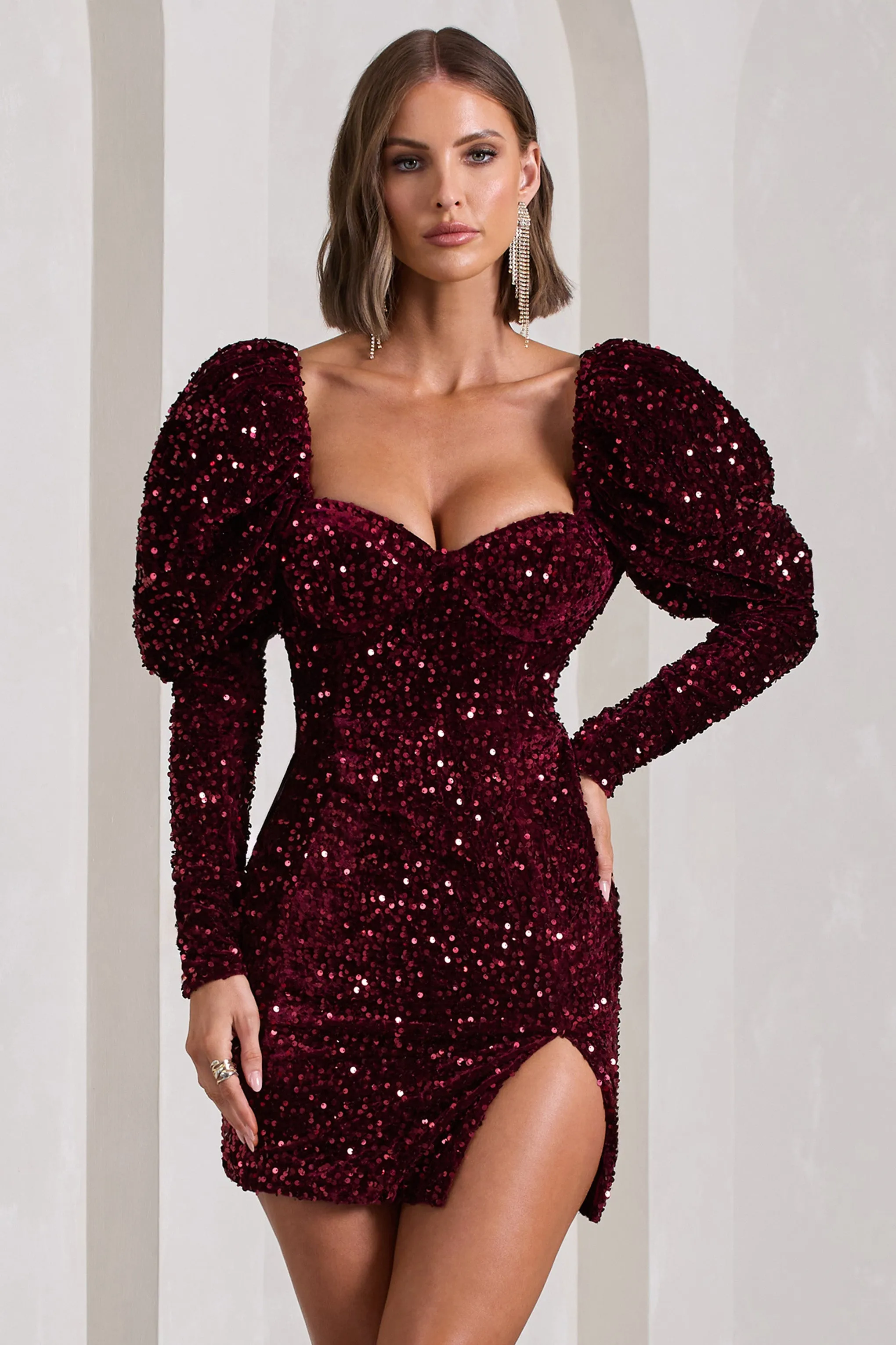 Shine Bright | Berry Sequin Mini Dress With Puff Sleeves sold by Club L London