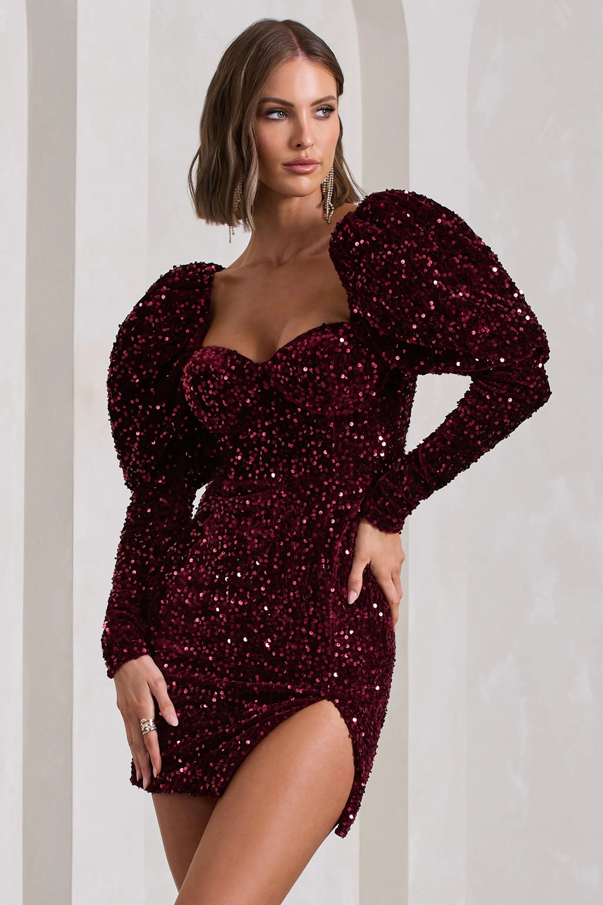 Shine Bright | Berry Sequin Mini Dress With Puff Sleeves sold by Club L London product image thumbnail 3