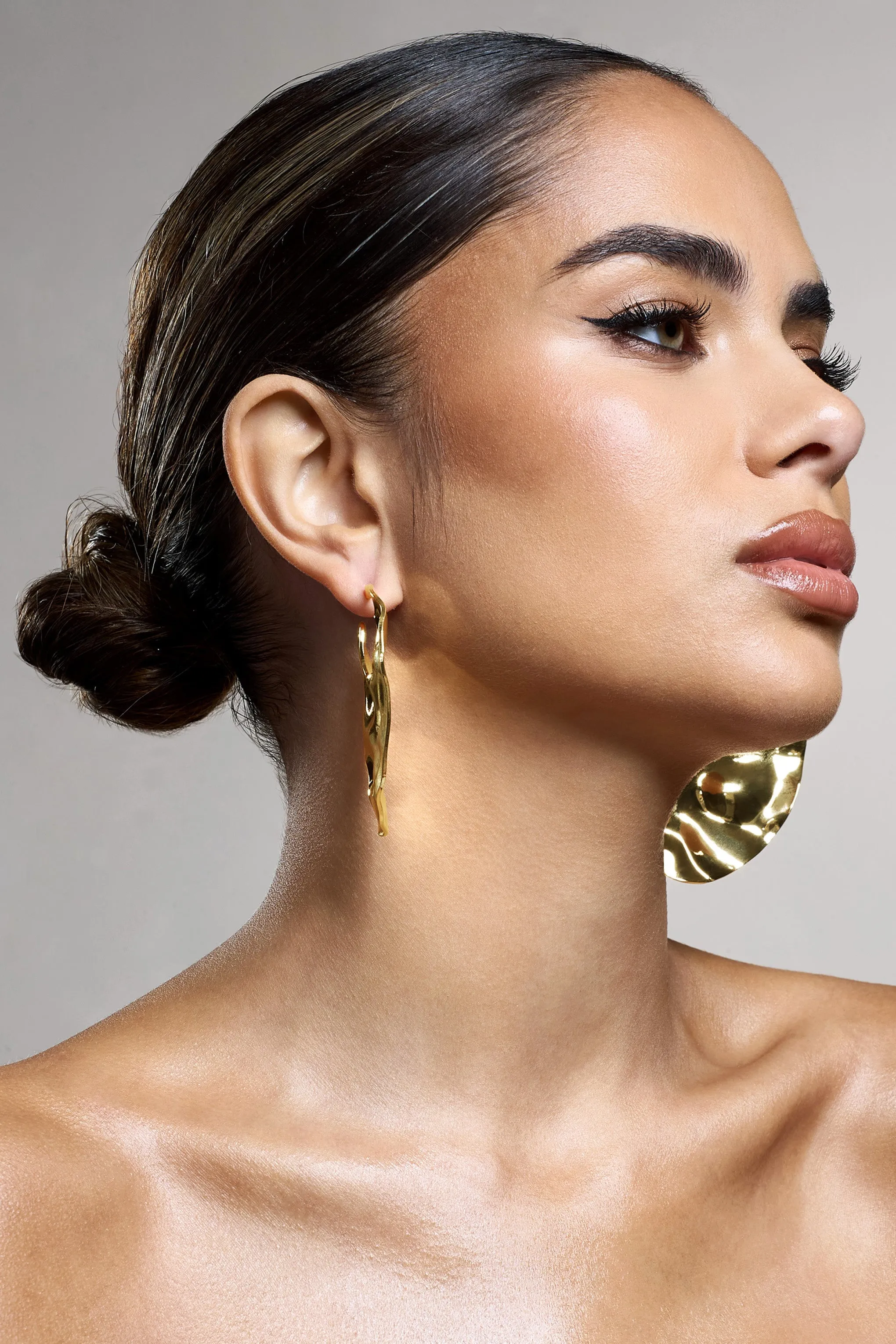 Journey | Gold Textured Abstract Disc Earrings sold by Club L London product image thumbnail 5