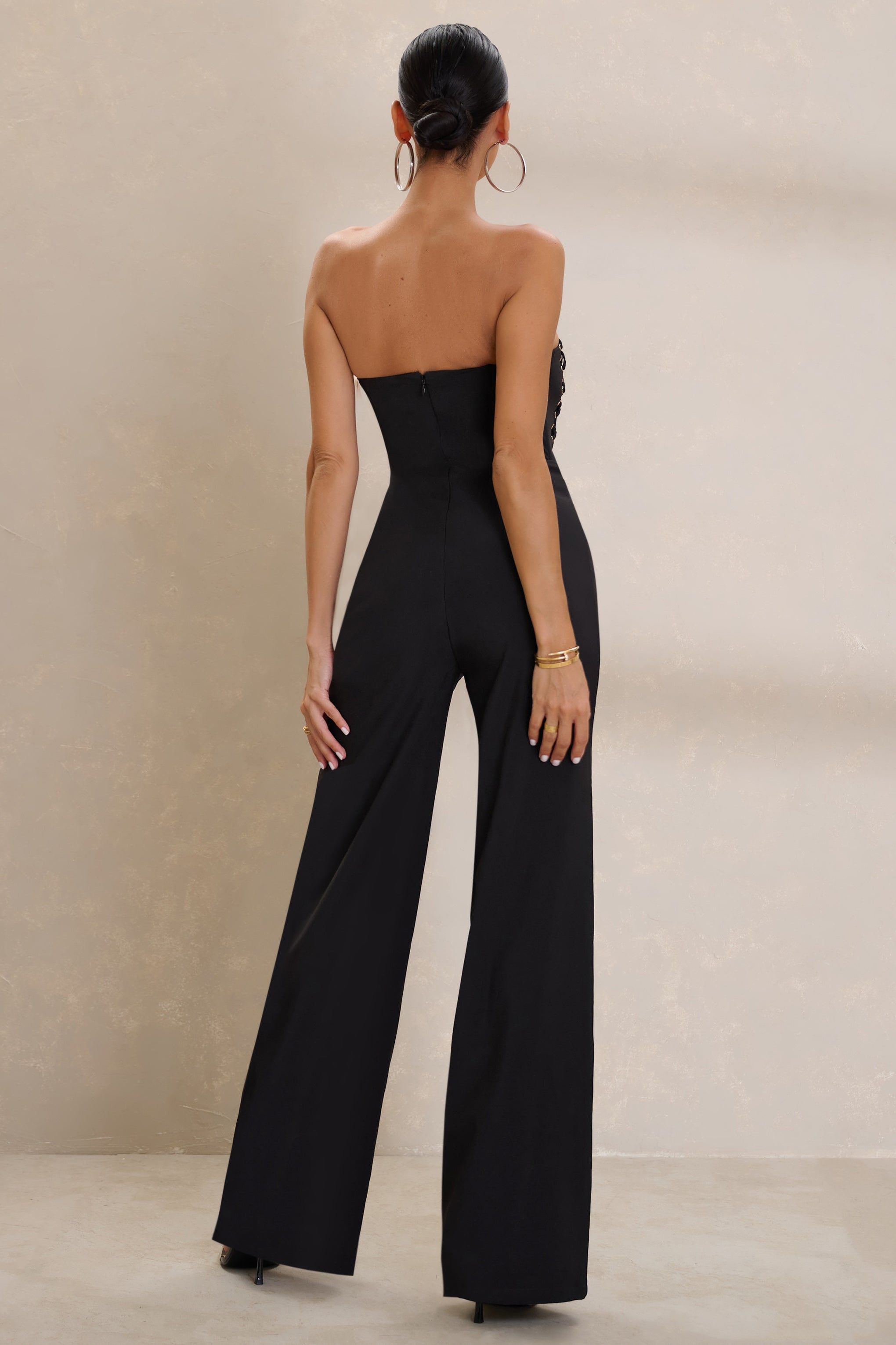 Reborn | Black Bandeau Jumpsuit With Lace Up Detail sold by Club L London product image thumbnail 2