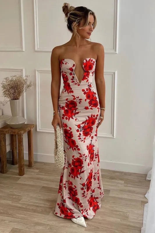 Esme | Champagne Floral Print Satin Fishtail Maxi Dress sold by Club L London