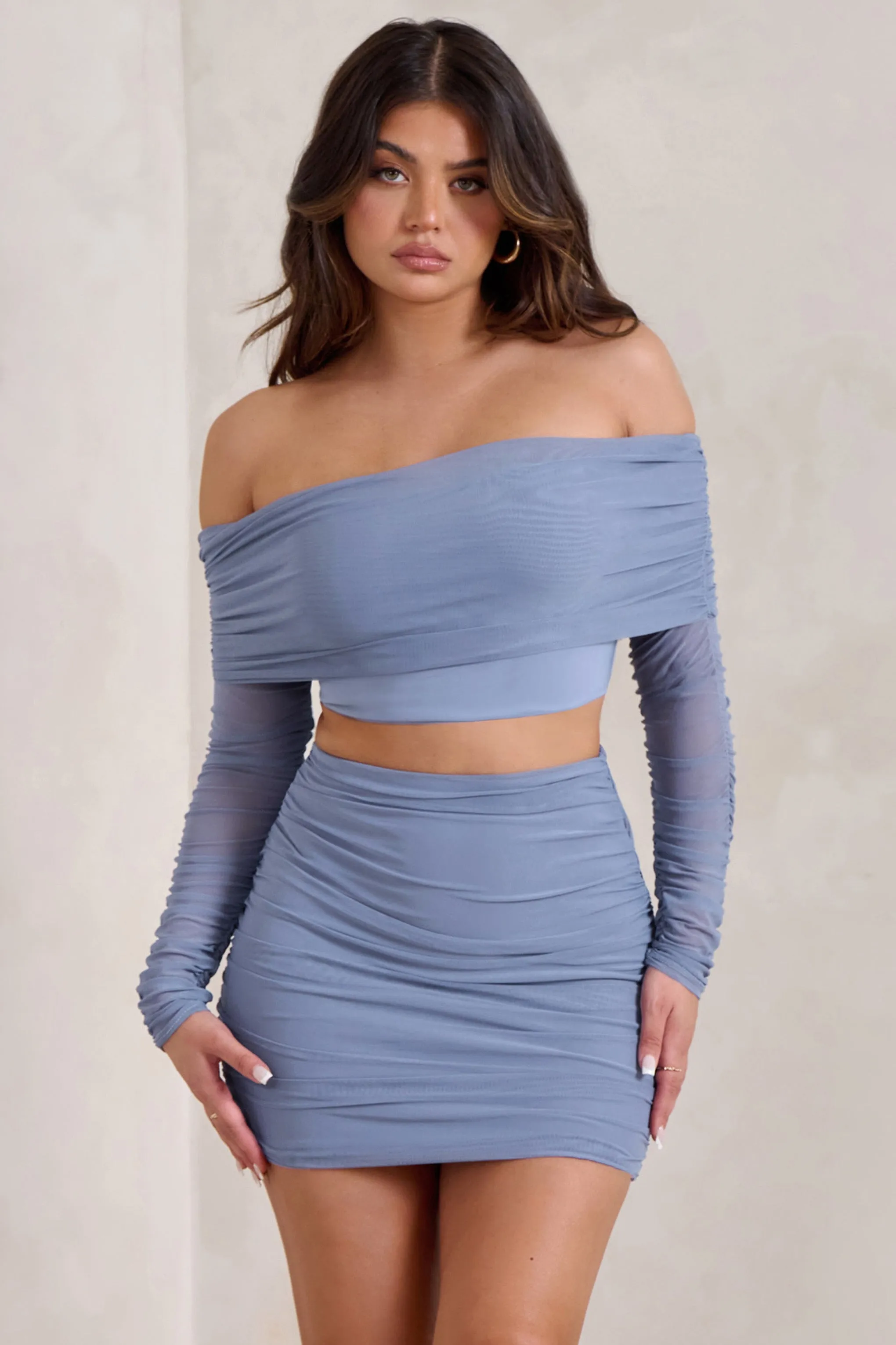 Rule Breaker | Cornflower Blue Ruched Mesh Bardot Crop Top sold by Club L London product image thumbnail 4