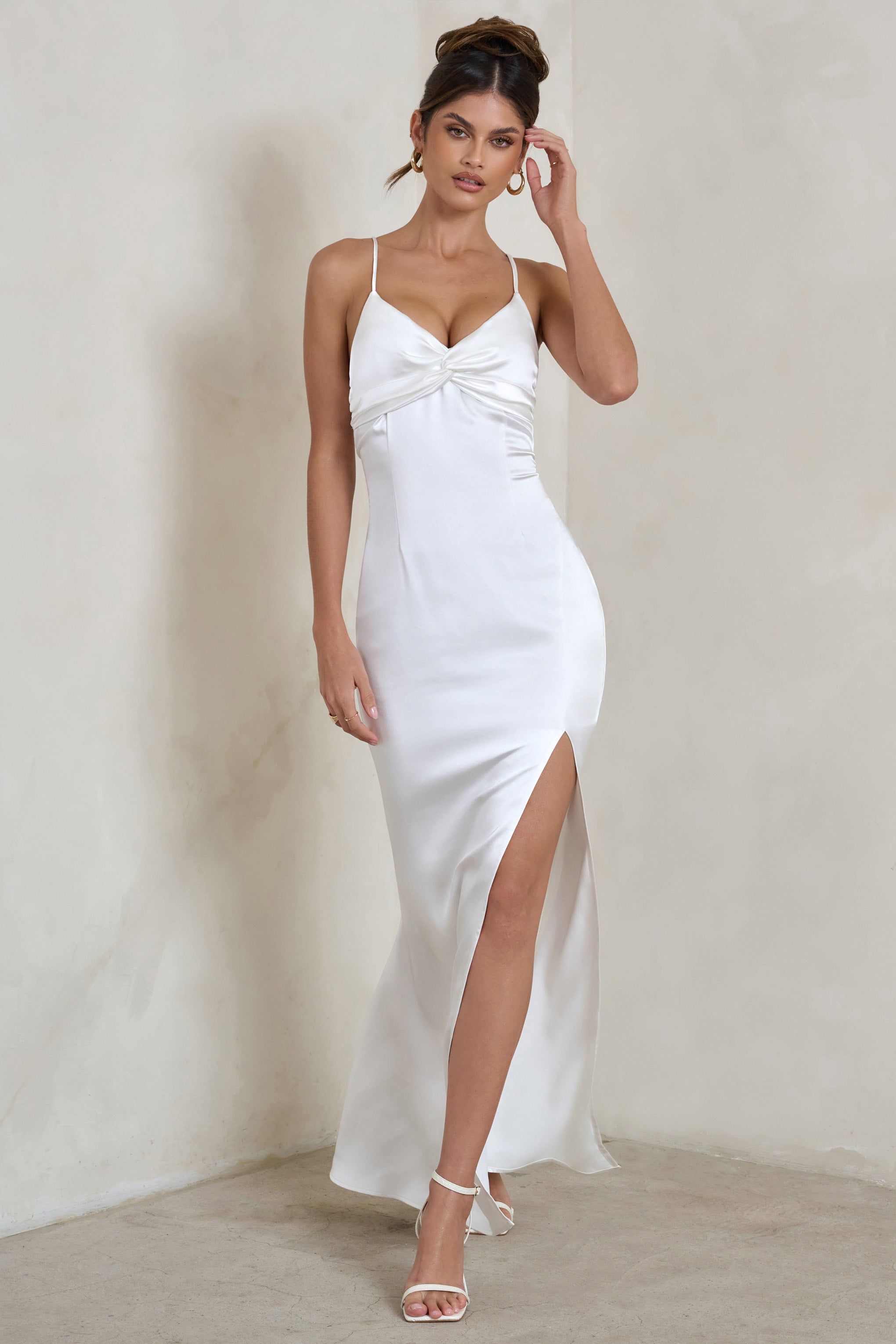 Ami | White Satin Plunge Fishtail Maxi Dress sold by Club L London product image thumbnail 4