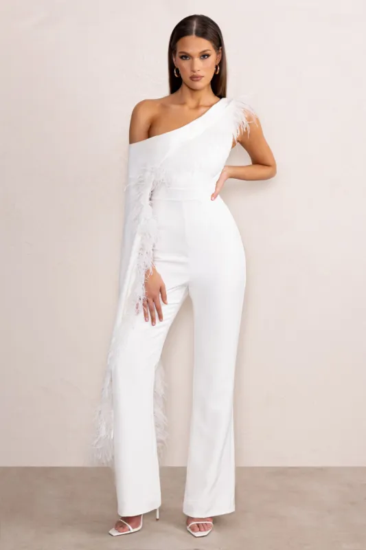 Cindy | White One-Shoulder Cape Jumpsuit with Feather Trim sold by Club L London