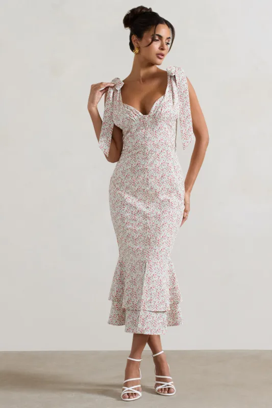 Caserta | White & Red Floral Buttoned Midi Dress With Flared Hem sold by Club L London