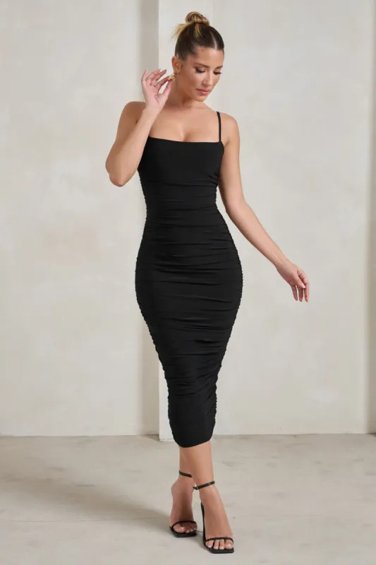 Saffy | Black Cami Mesh Ruched Midi Dress sold by Club L London