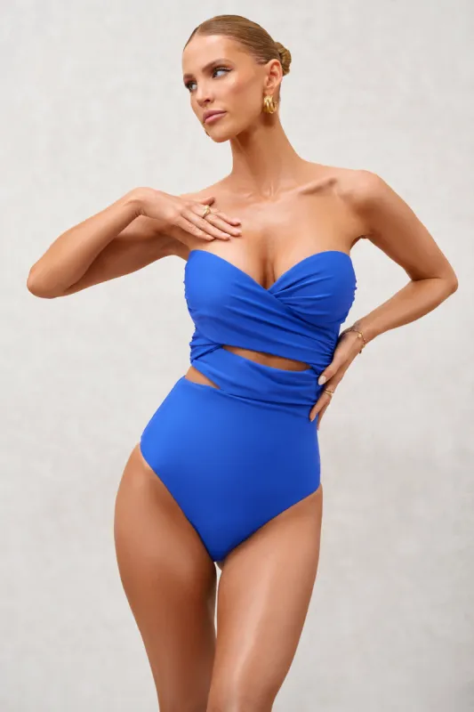 Oyster | Blue Wrapped Bandeau Swimsuit sold by Club L London