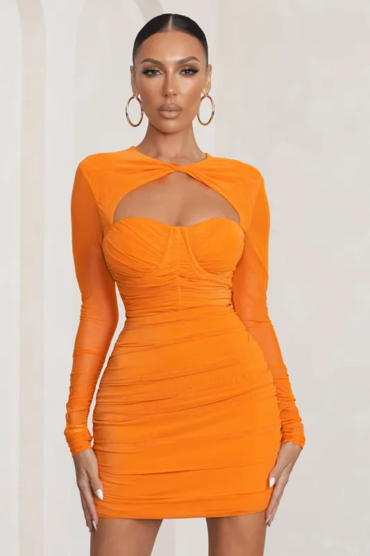 Daiquiri | Orange Cut Out Ruched Mesh Mini Dress With Long Sleeves sold by Club L London