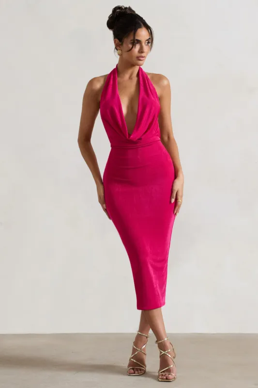 Raleigh | Hot Pink Cowl-Neck Midi Dress sold by Club L London