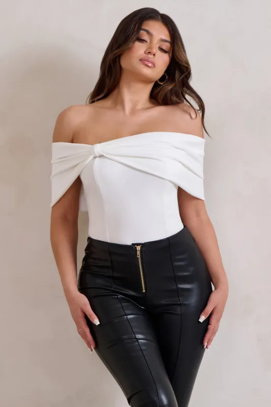 Lillian | White Bardot Bow Detail Bodysuit sold by Club L London