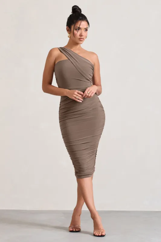 Contour | Mocha One Shoulder Bodycon Midi Dress sold by Club L London