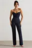 Bellezza | Navy Bandeau Corset Wide Leg Jumpsuit sold by Club L London