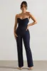 Bellezza | Navy Bandeau Corset Wide Leg Jumpsuit sold by Club L London