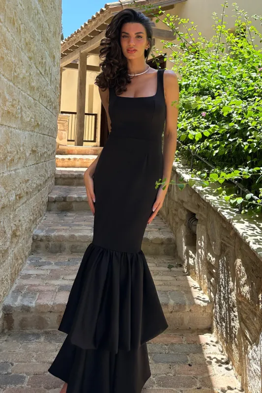 Monet | Black Square-Neck Maxi Dress With Volume Hem sold by Club L London