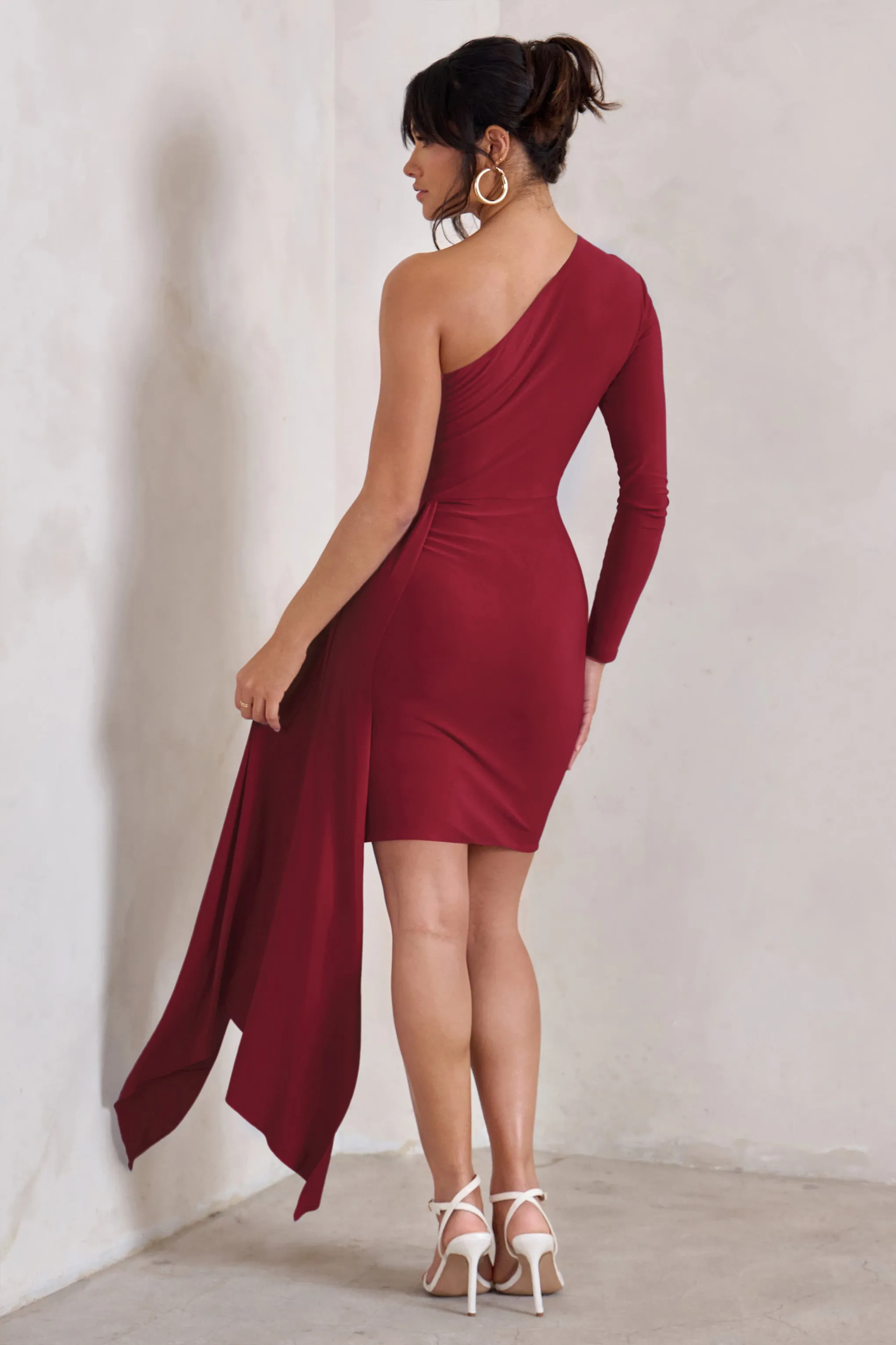 Claudina | Berry Asymmetric Long Sleeve Wrap Mini Dress With Statement Drape sold by Club L London product image thumbnail 3