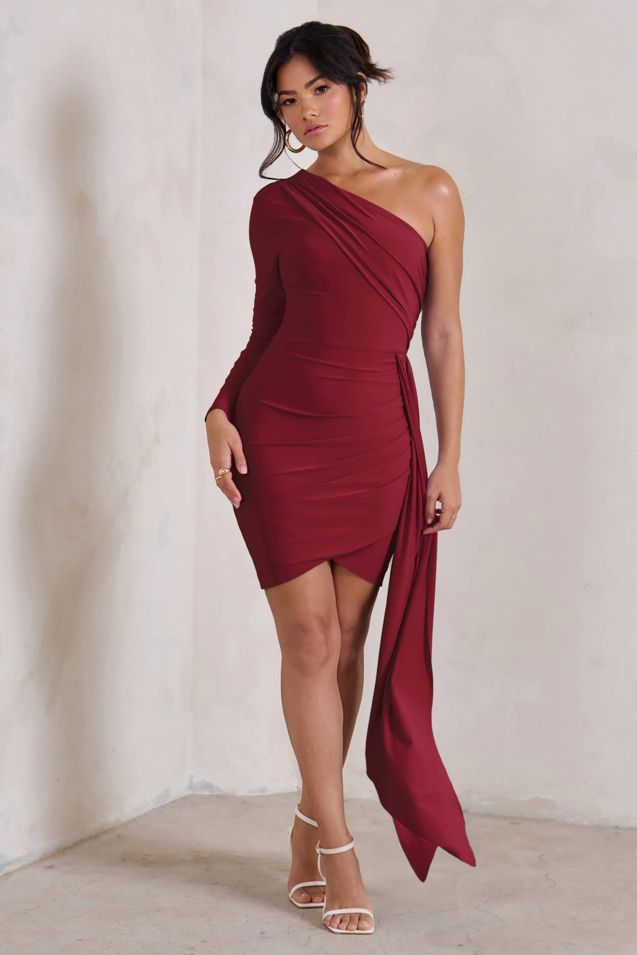 Claudina | Berry Asymmetric Long Sleeve Wrap Mini Dress With Statement Drape sold by Club L London product image thumbnail 5