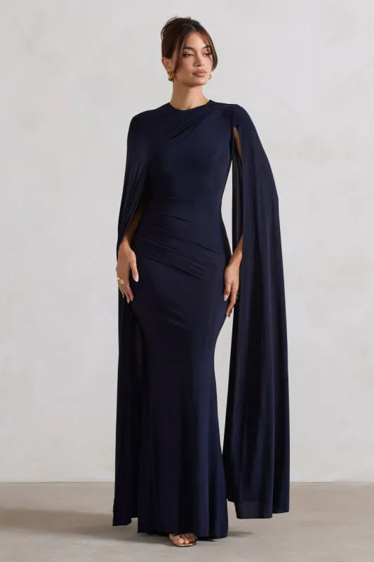 Magdelena | Navy Asymmetric Cape Maxi Dress sold by Club L London