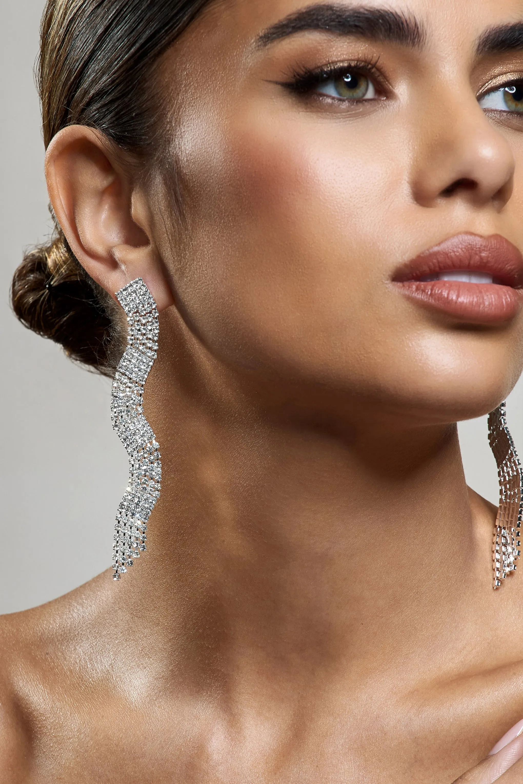 Swirl | Silver Diamante Curve Tassel Earrings sold by Club L London product image thumbnail 4
