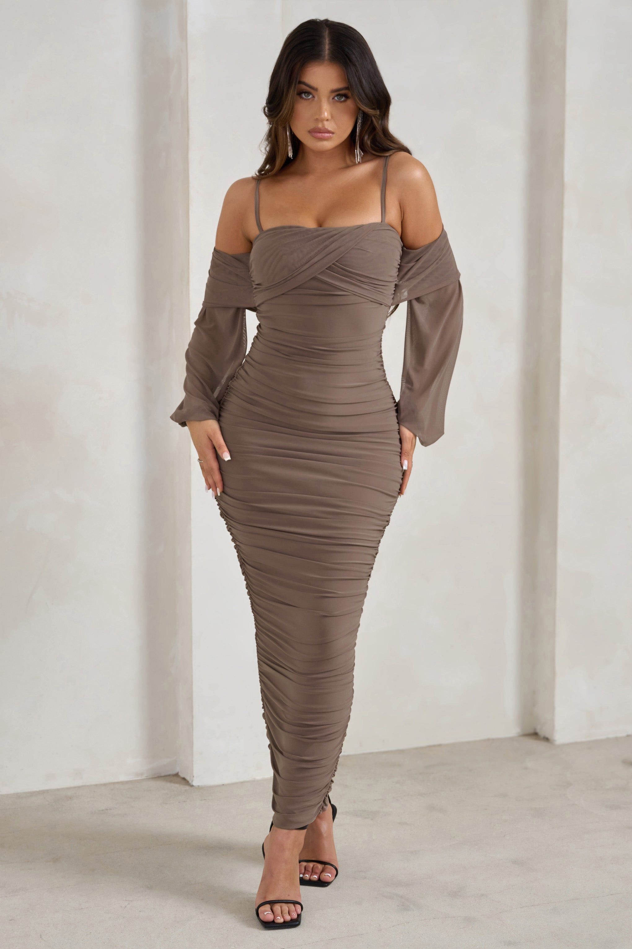 Announcement | Brown Bardot Mesh Ruched Maxi Dress sold by Club L London product image thumbnail 5