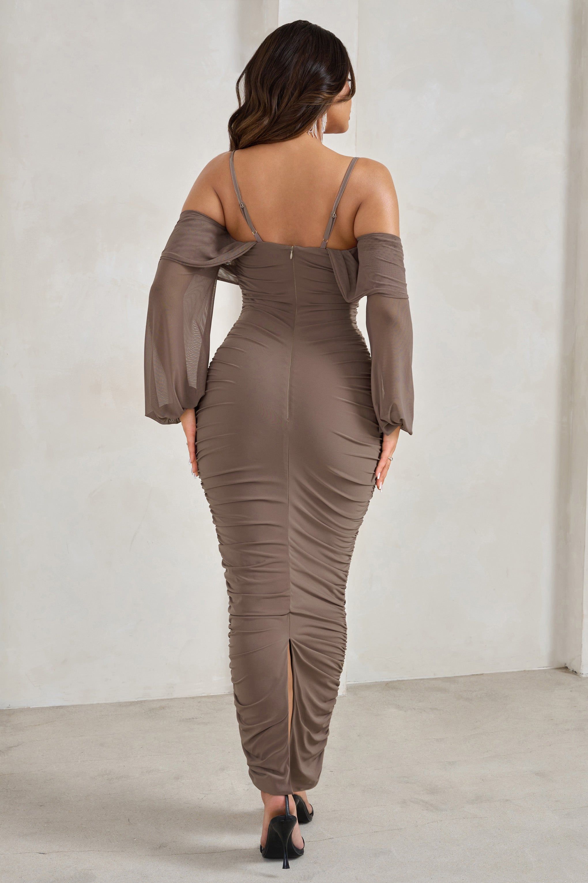 Announcement | Brown Bardot Mesh Ruched Maxi Dress sold by Club L London product image thumbnail 2