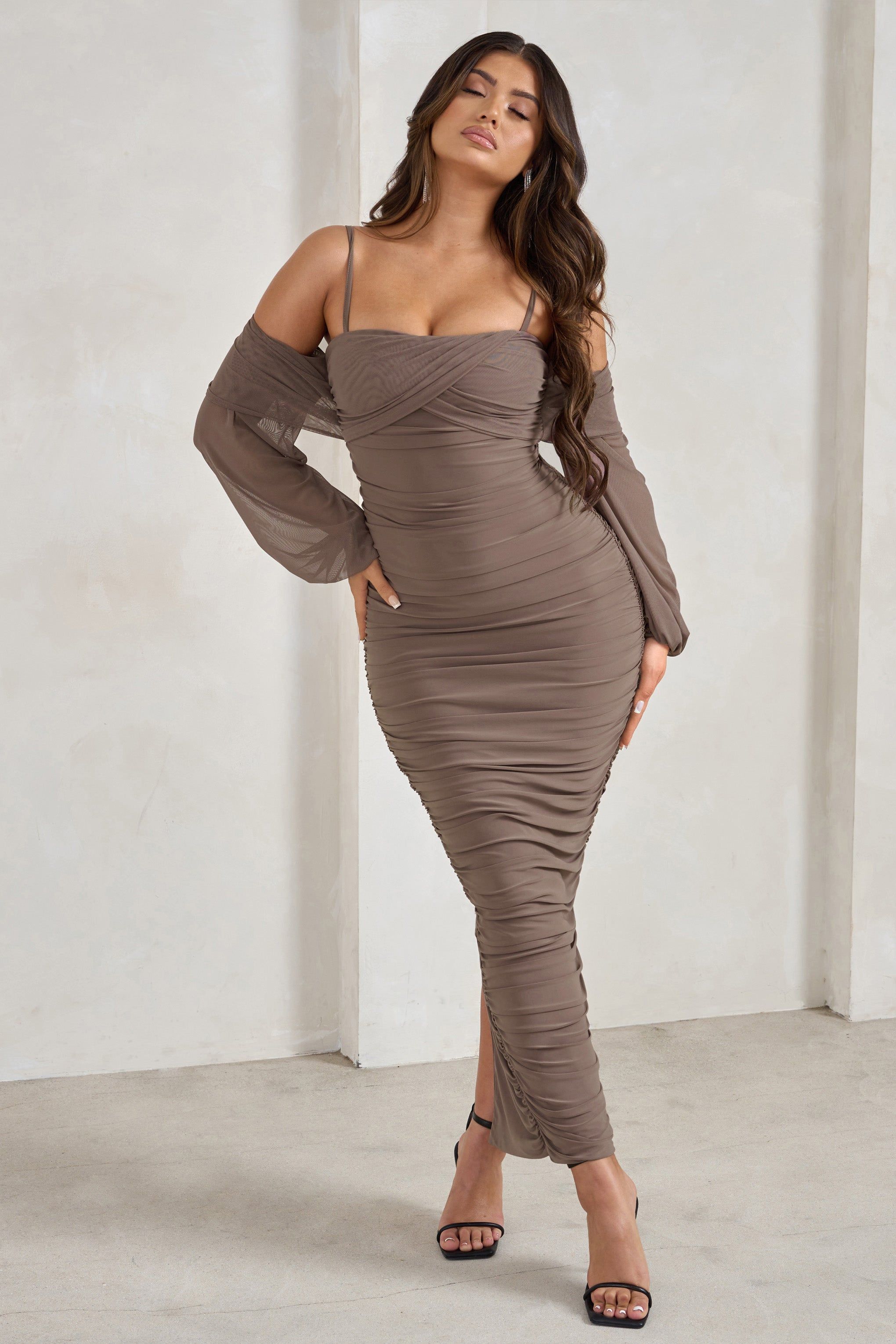 Announcement | Brown Bardot Mesh Ruched Maxi Dress sold by Club L London product image thumbnail 4