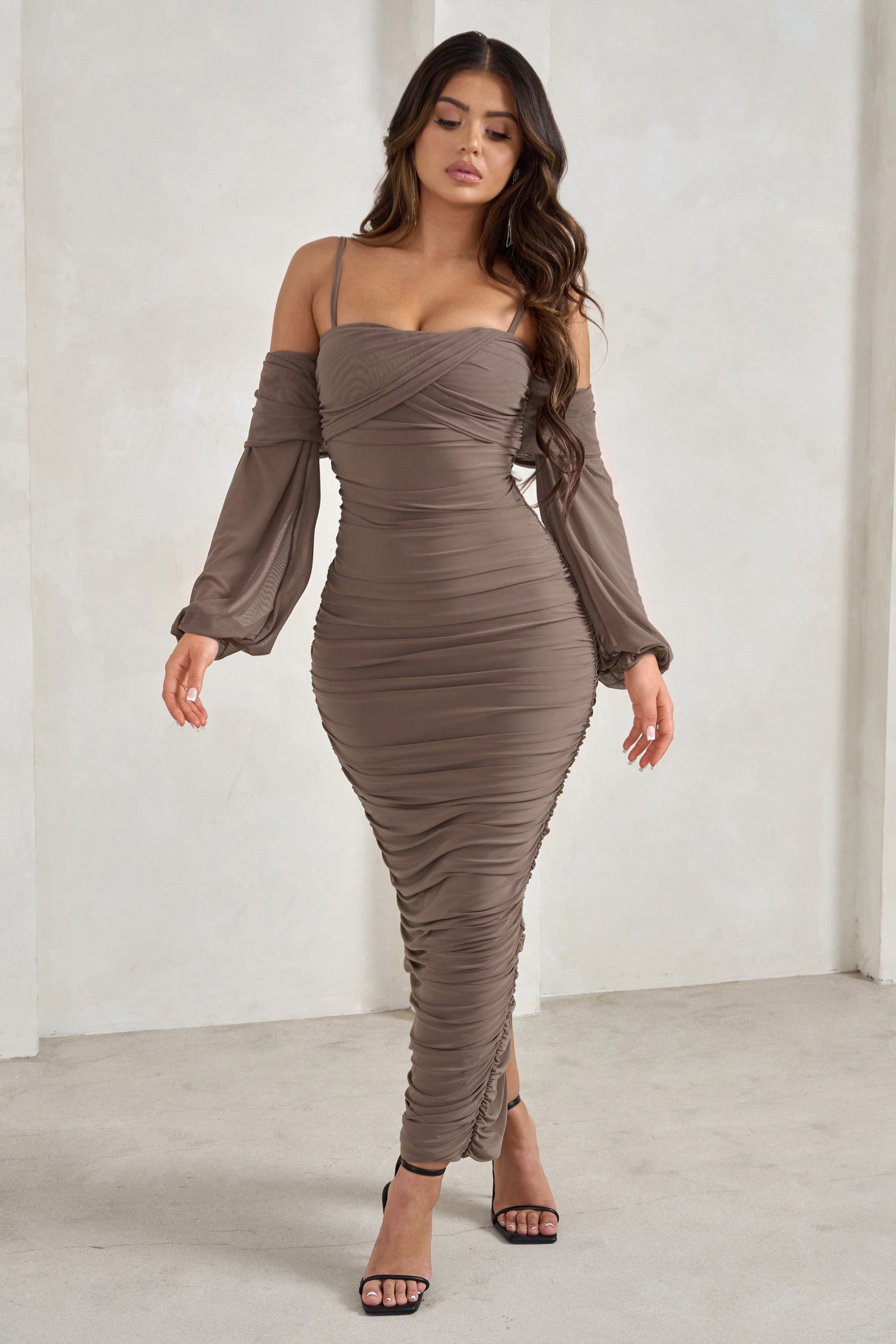 Announcement | Brown Bardot Mesh Ruched Maxi Dress sold by Club L London