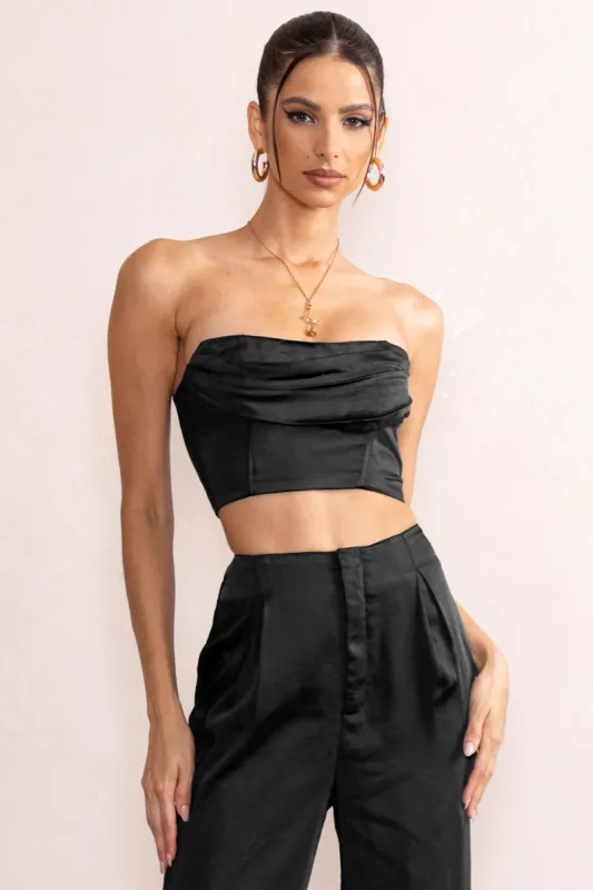 Vera | Black Satin Draped Corset Crop Top sold by Club L London
