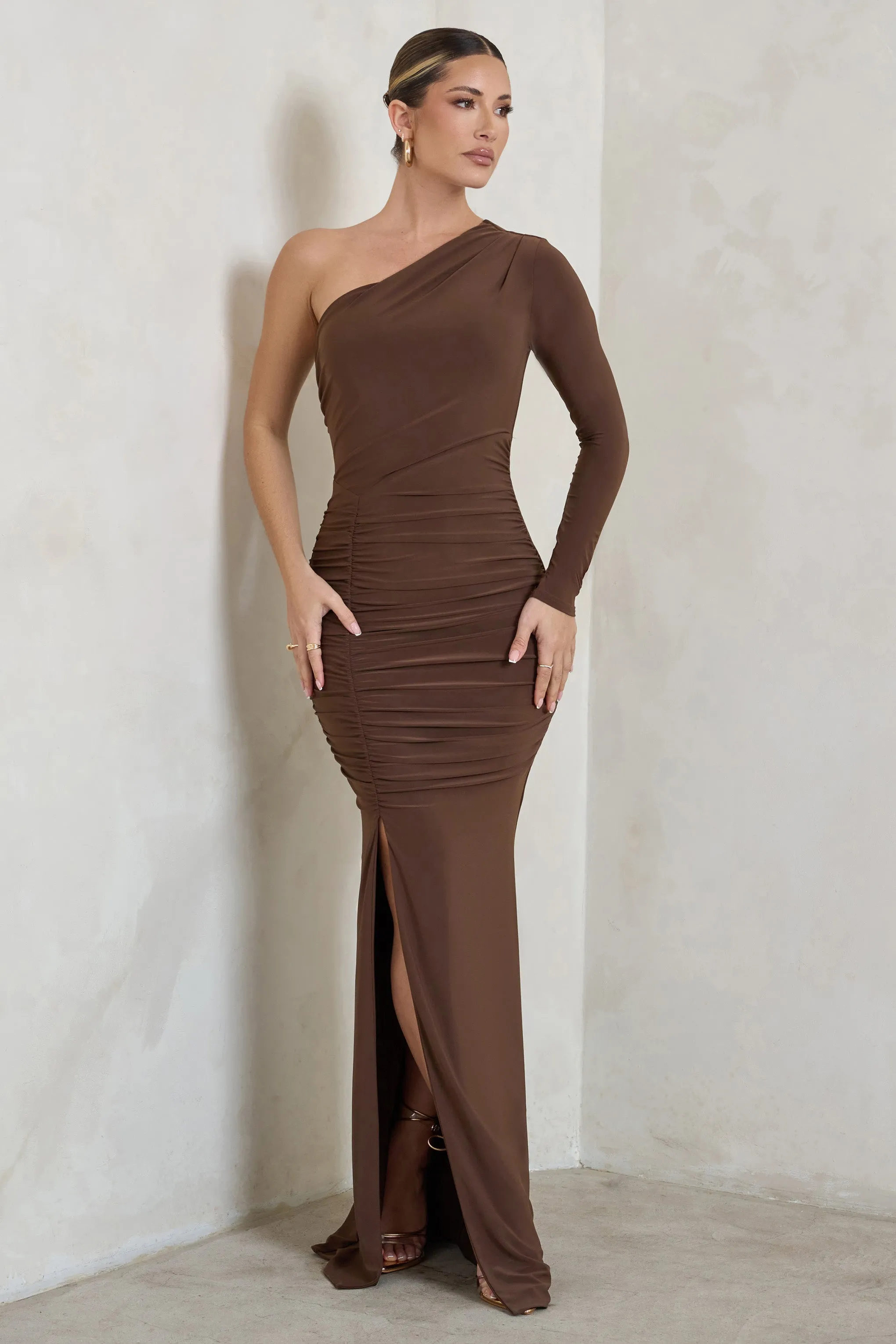 Doll | Brown Asymmetric One Sleeve Ruched Maxi Dress sold by Club L London product image thumbnail 5