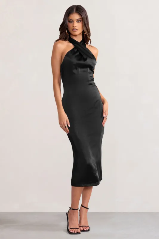 Dazzling | Black Satin Cross Over Halter Neck Midi Dress sold by Club L London