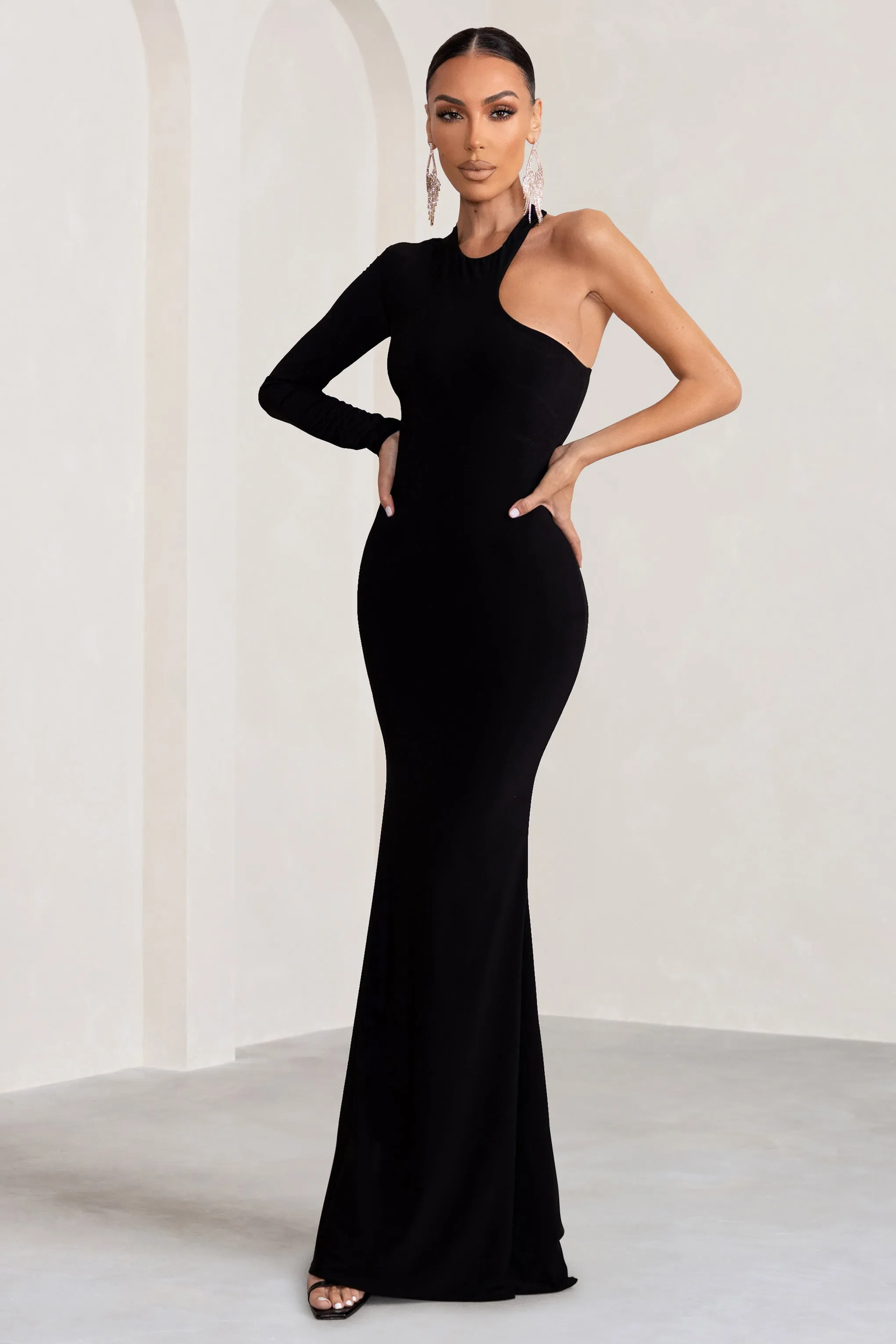 Tyra | Black Asymmetric Neck Cut Out Maxi Dress With Open Back Detail sold by Club L London