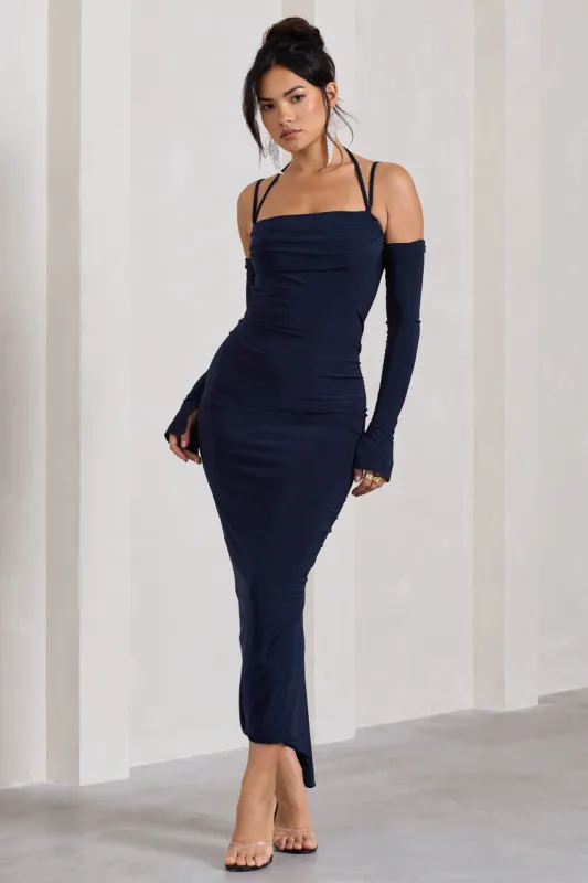 Jessie | Navy Strappy Long-Sleeved Bodycon Maxi Dress sold by Club L London