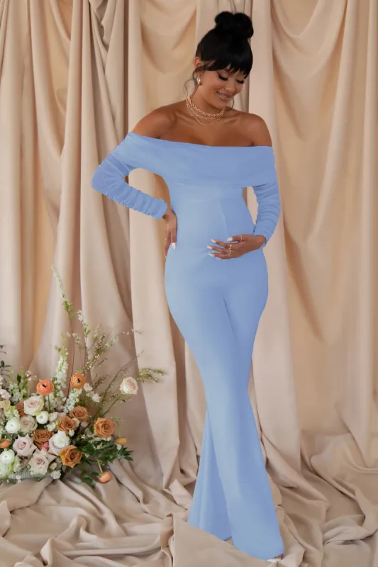 Count Down | Powder Blue Maternity Ruched Mesh Bardot Jumpsuit sold by Club L London